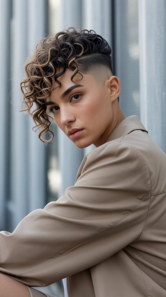 28. Curly Hair With Temple Fades