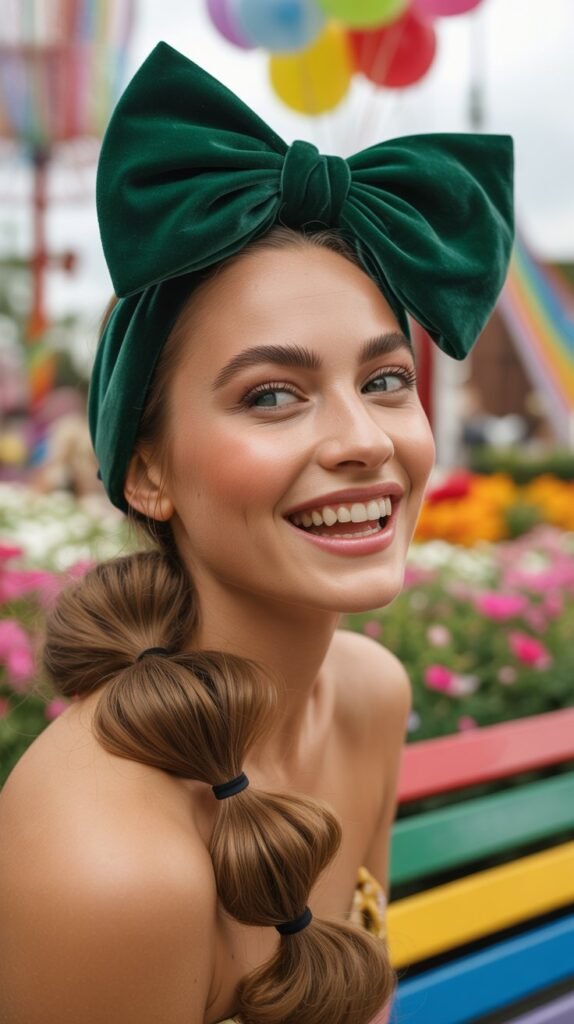 22. Bubble Ponytail with Thick Velvet Bow Headband