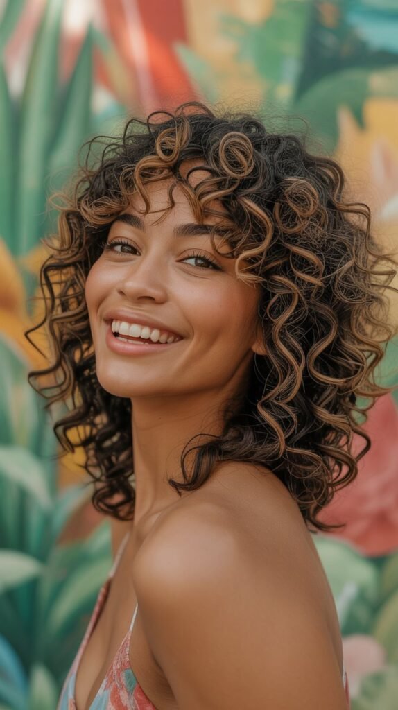 22. Long Bob with Curly Bangs