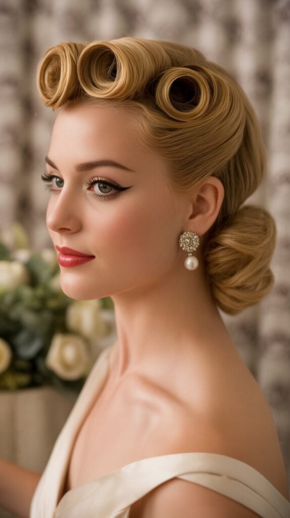 7. Vintage-Inspired Victory Rolls with Pin-Up Bangs