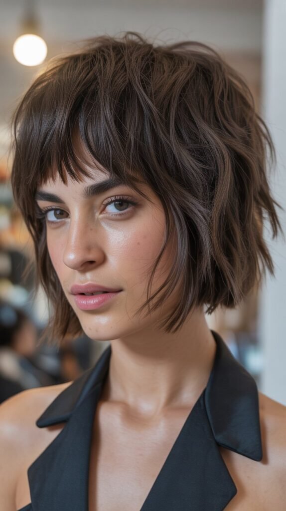 9. Textured Choppy Bob with Piecey Bangs