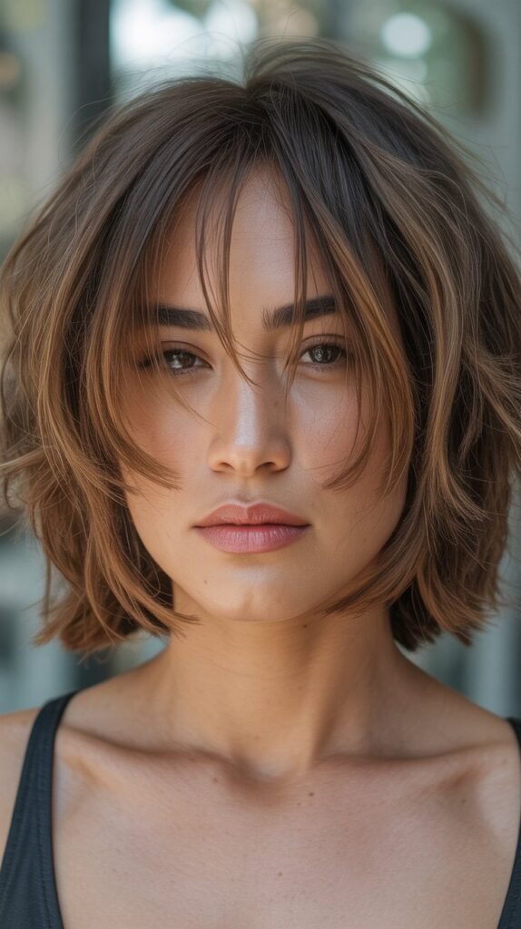 3. Layered Choppy Bob with Bangs