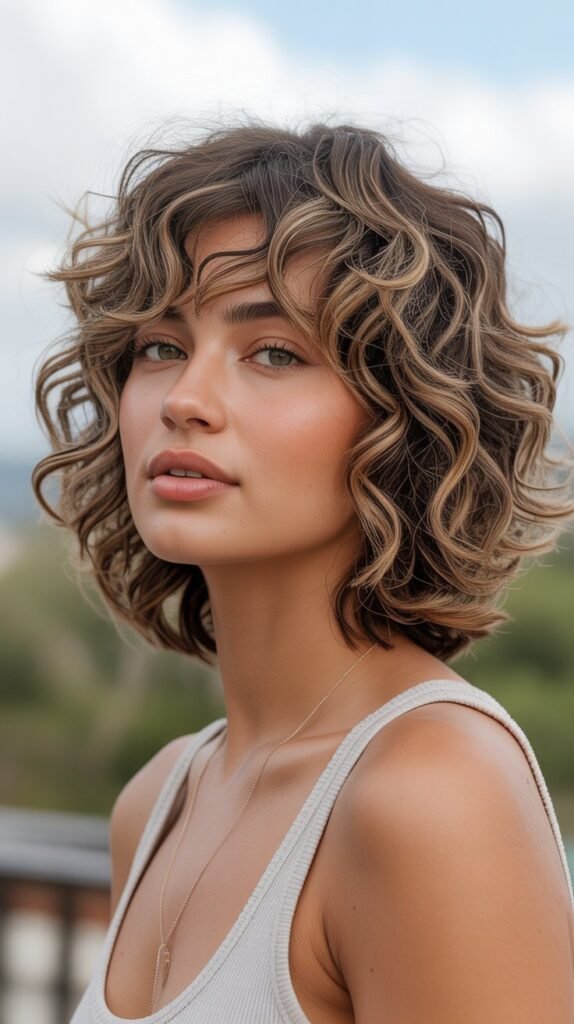 7. Shaggy Curly Lob with Choppy Bangs