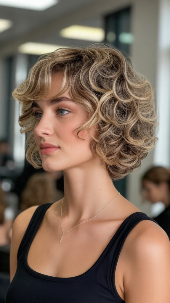 18. Stacked Curly Bob with Side Bangs