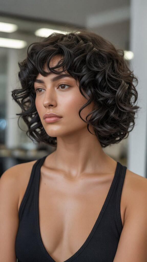 16. Voluminous Curly Bob with Arched Bangs