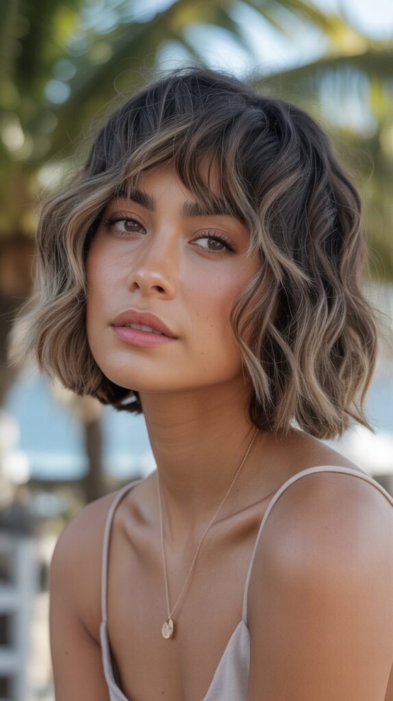 7. Wavy Choppy Bob with Feathered Bangs