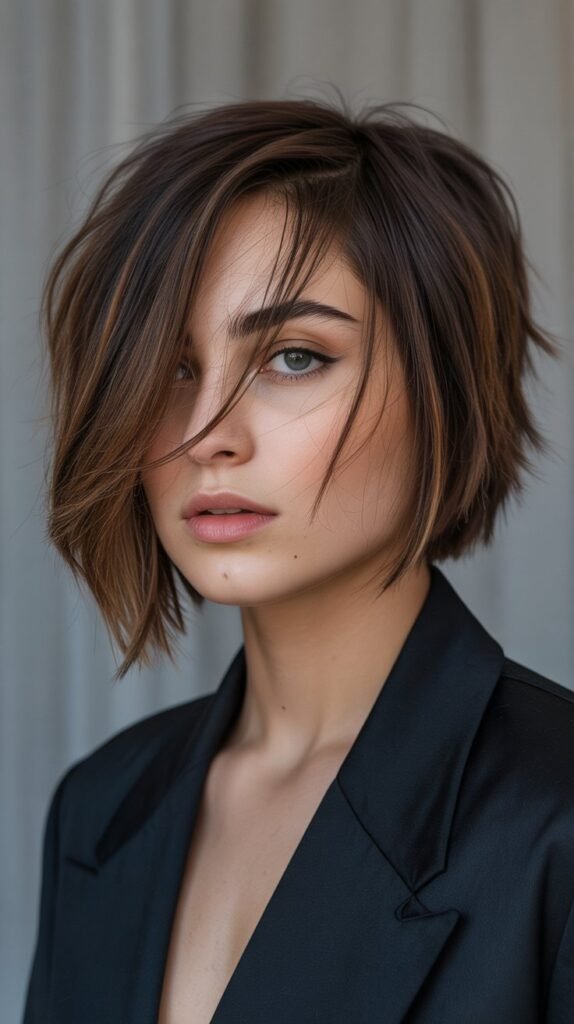 3. Asymmetrical Choppy Bob with Side-Swept Bangs