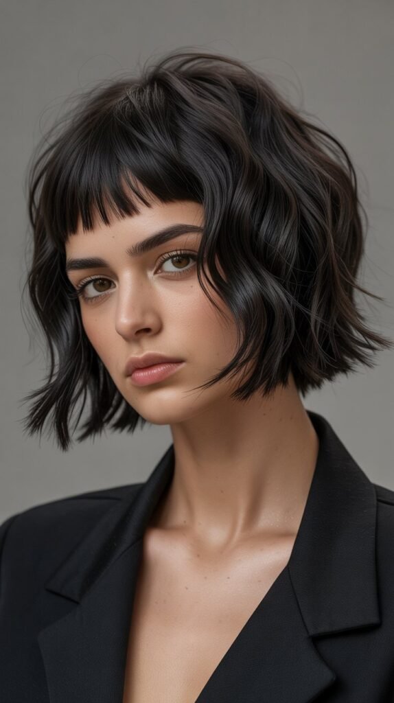15. Choppy Bob with Micro Bangs for High Fashion