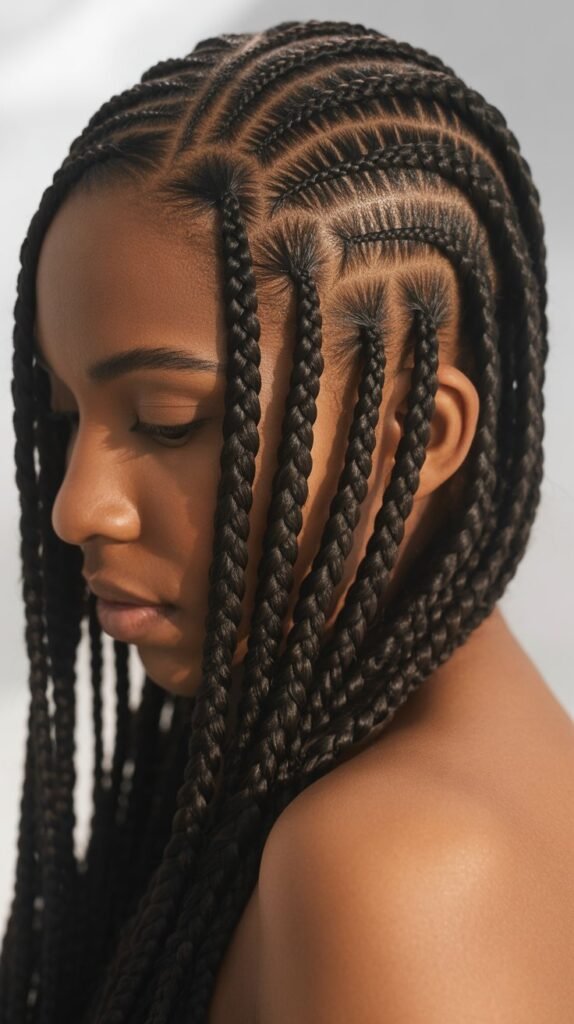 21. Side Part Knotless Braids with Cornrow Base