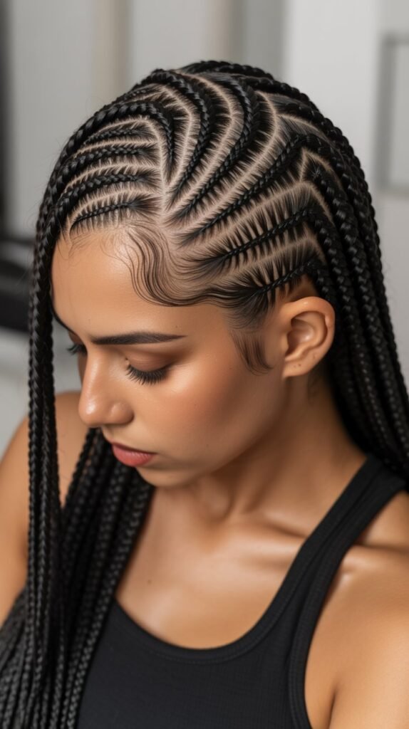 32. Side Part Knotless Braids with Geometric Parts