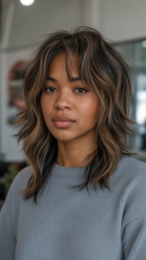 6. Layered Long Bob with Choppy Bangs