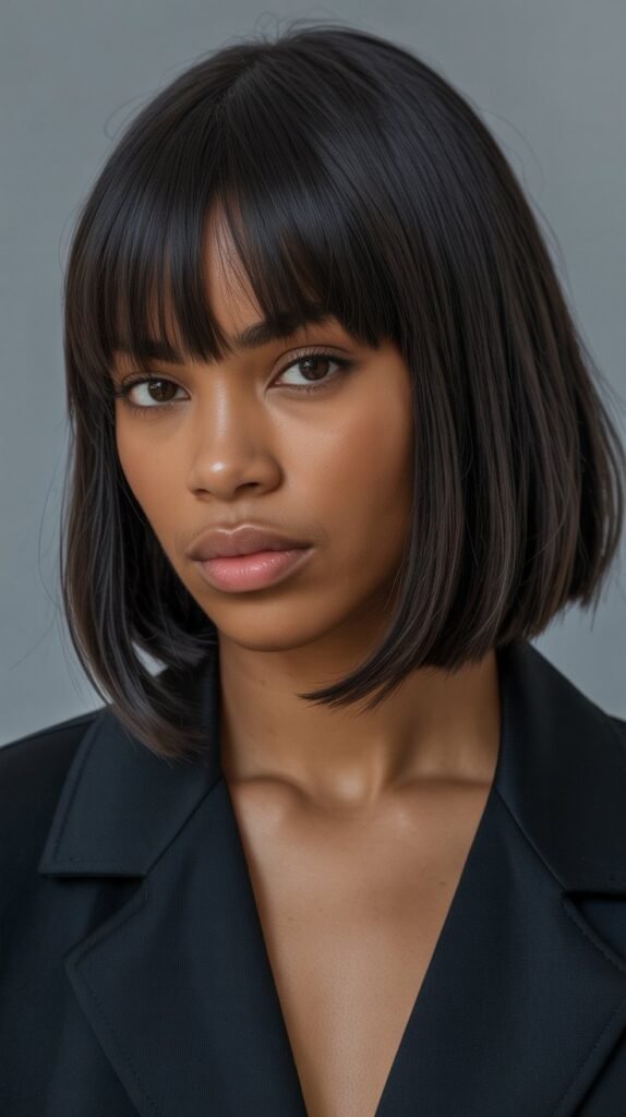 29. Long Bob with Blunt Baby Bangs