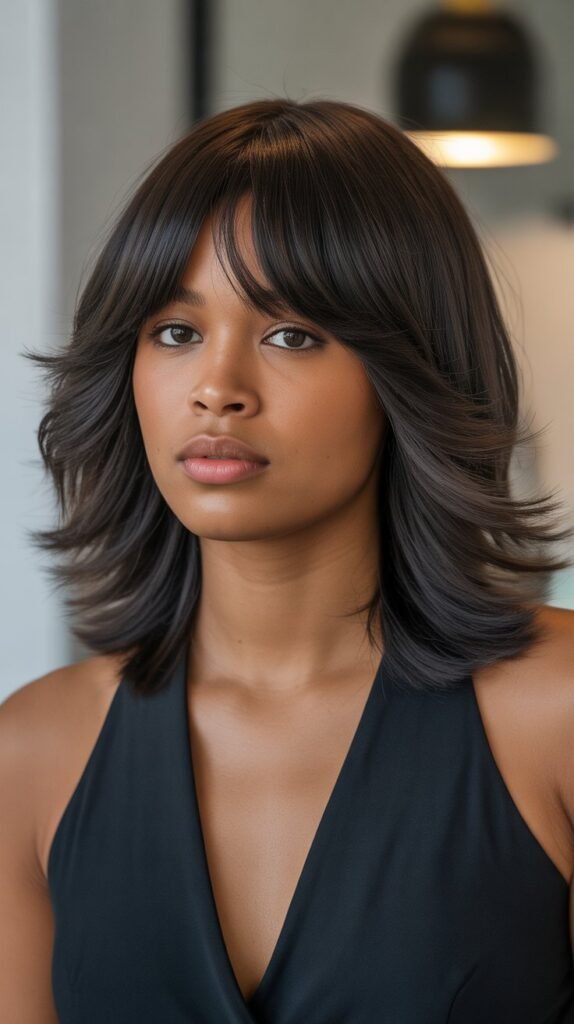 30. Long Bob with Layered Curtain Bangs