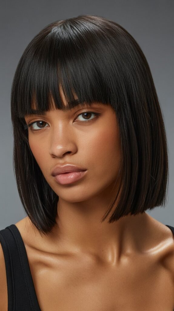 32. Long Bob with Thick Straight Bangs