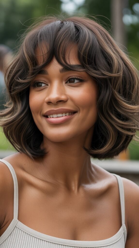 2. Textured Long Bob with Wispy Bangs