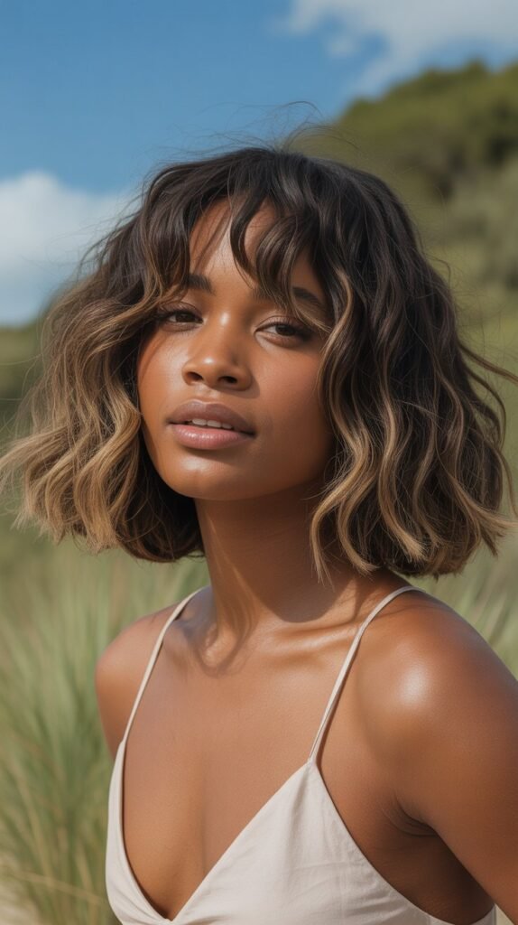 13. Wavy Long Bob with Piecey Bangs