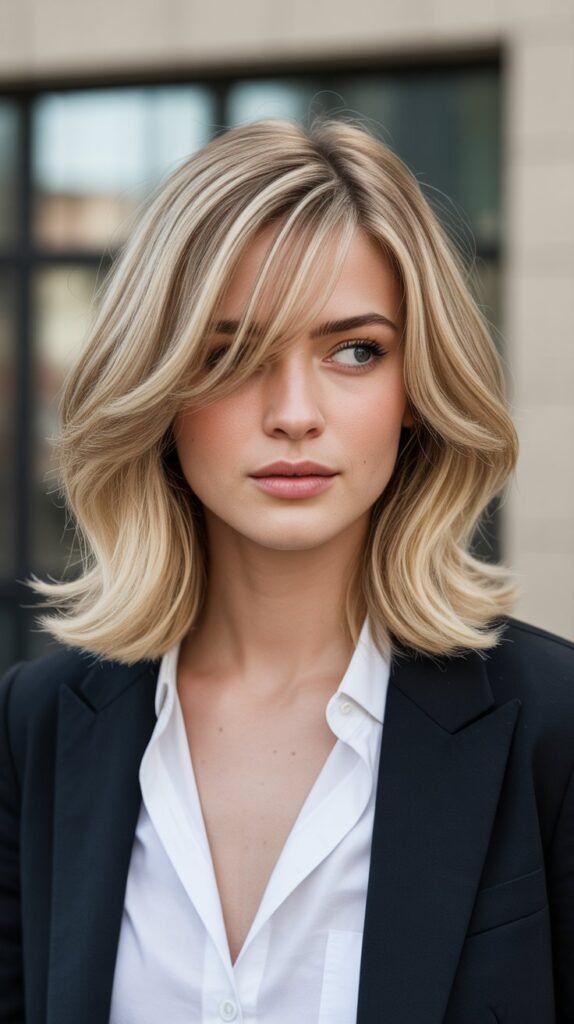 3. Layered Long Bob with Side-Swept Bangs