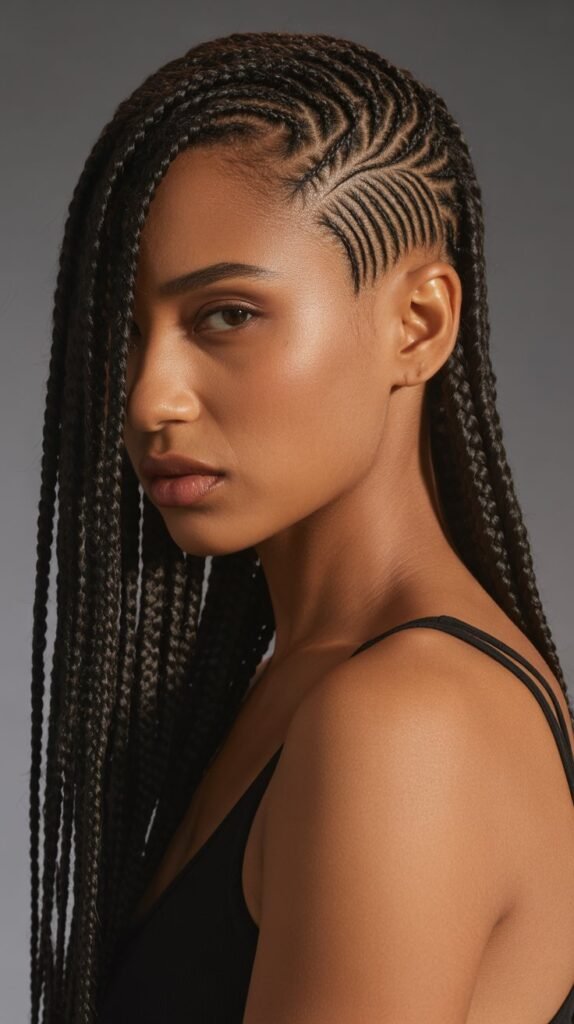 17. Side Swept Knotless Braids with Shaved Side