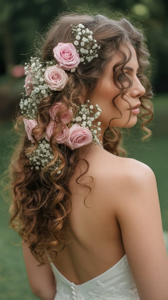 1. Romantic Loose Curls with Fresh Flowers