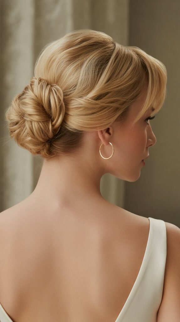 9. French Twist with Layered Bangs