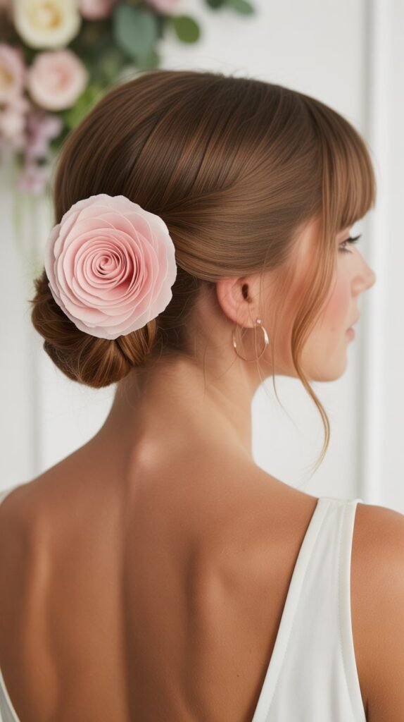 25. Rosette Bun with Curved Side Bangs