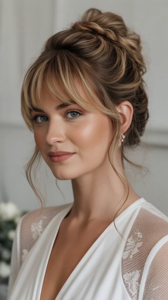 21. Twisted Half-Up Bun with Asymmetrical Bangs