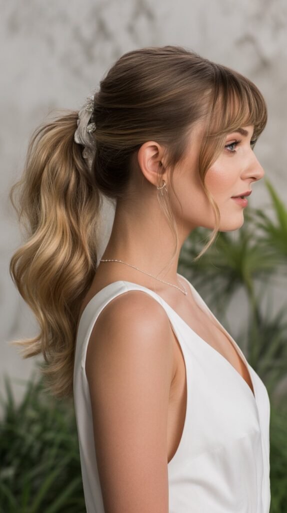 16. Wrapped Ponytail Updo with Wispy Side Bangs