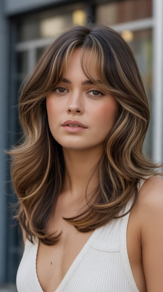 13. Caramel Highlights with Curtain Bangs