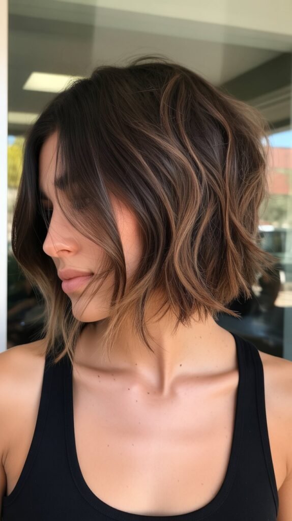 3. Brunette Shaggy Bob with Caramel Highlights