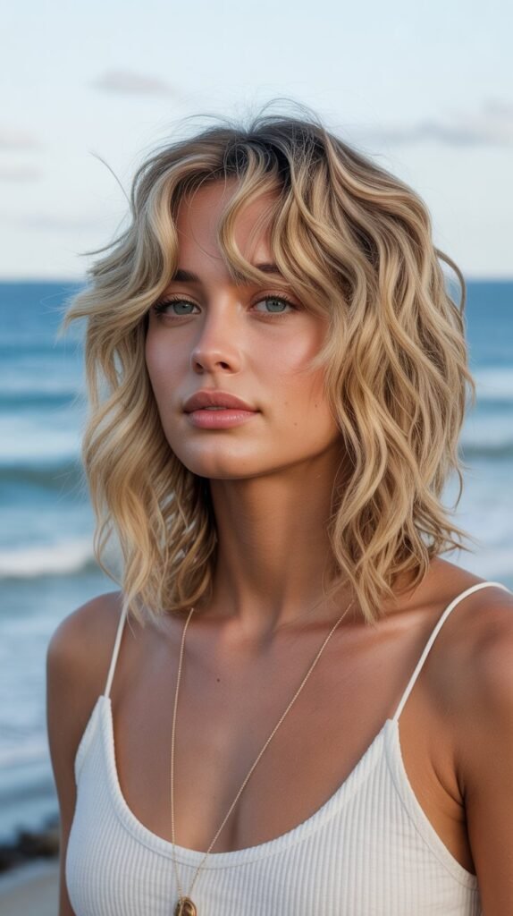 14. Beach Wave Long Bob with Beachy Bangs