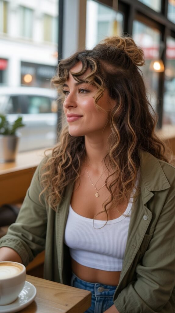 8. Messy Half Up Bun with Face-Framing Curls