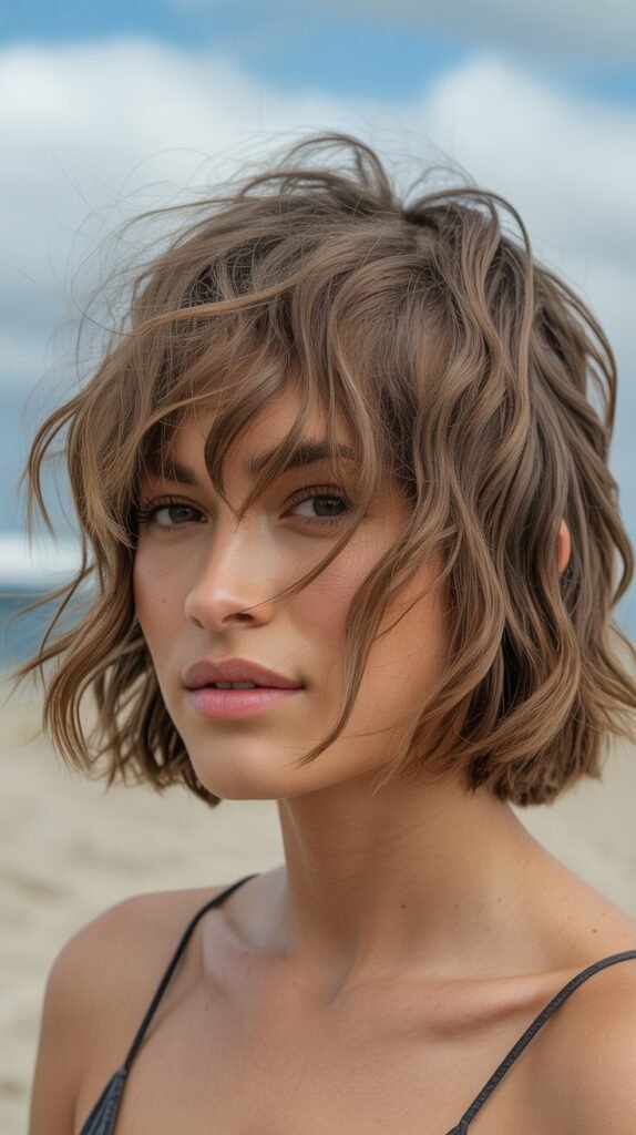 7. Messy Choppy Bob with Piecey Curtain Bangs