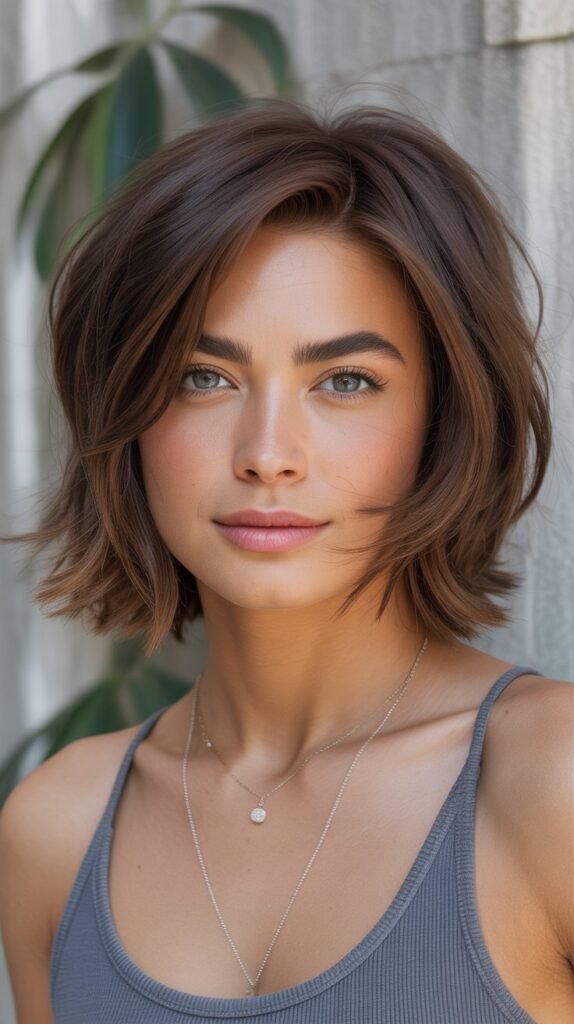 17. Chocolate Brown Shaggy Bob with Face-Framing Highlights