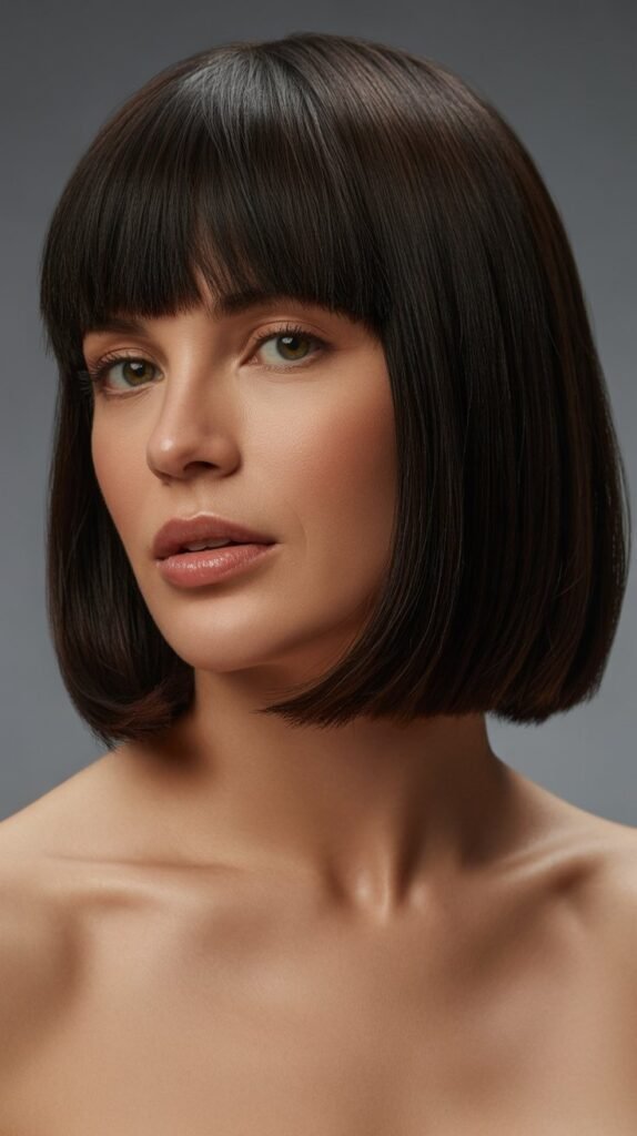 20. Blunt Long Bob with Eyebrow-Grazing Bangs