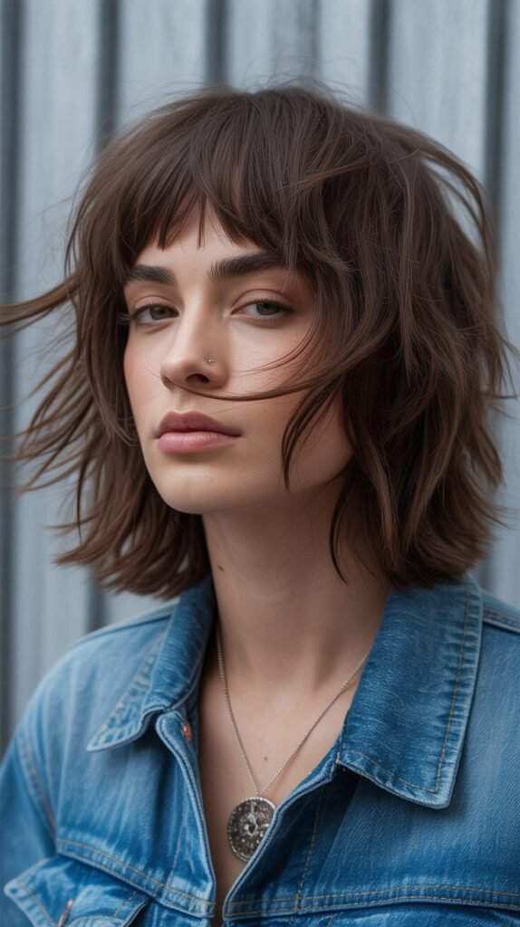 11. Shaggy Long Bob with Brow-Skimming Bangs