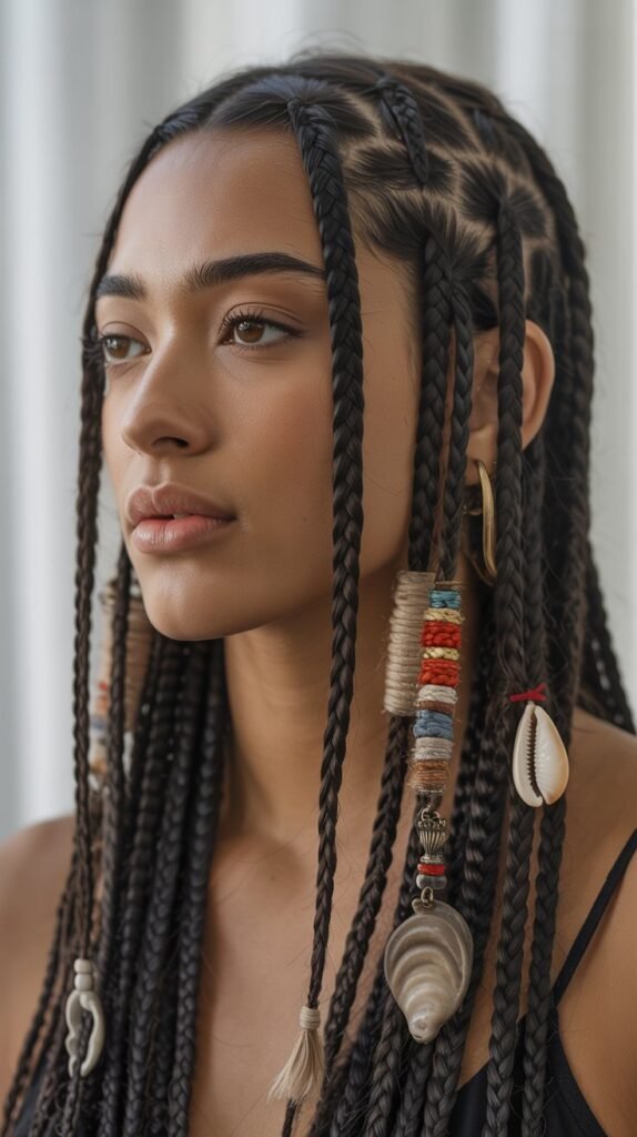 29. Side Part Knotless Braids with Accessories