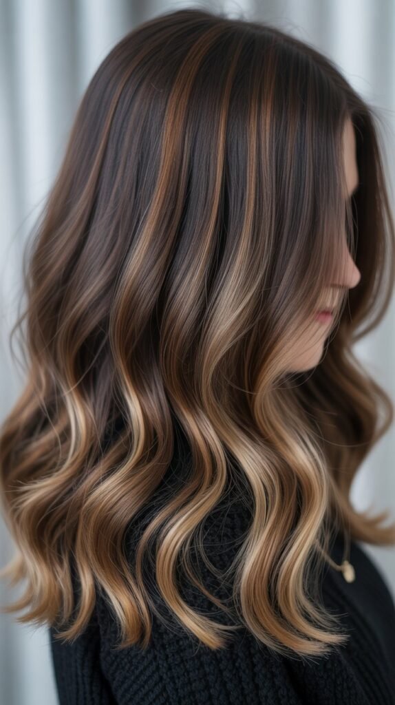 21. Dark Brown Root Smudge with Highlights