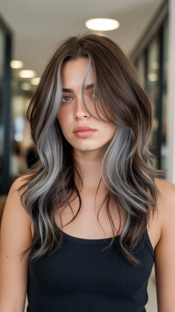 17. Chocolate Balayage with Smoky Gray Streaks