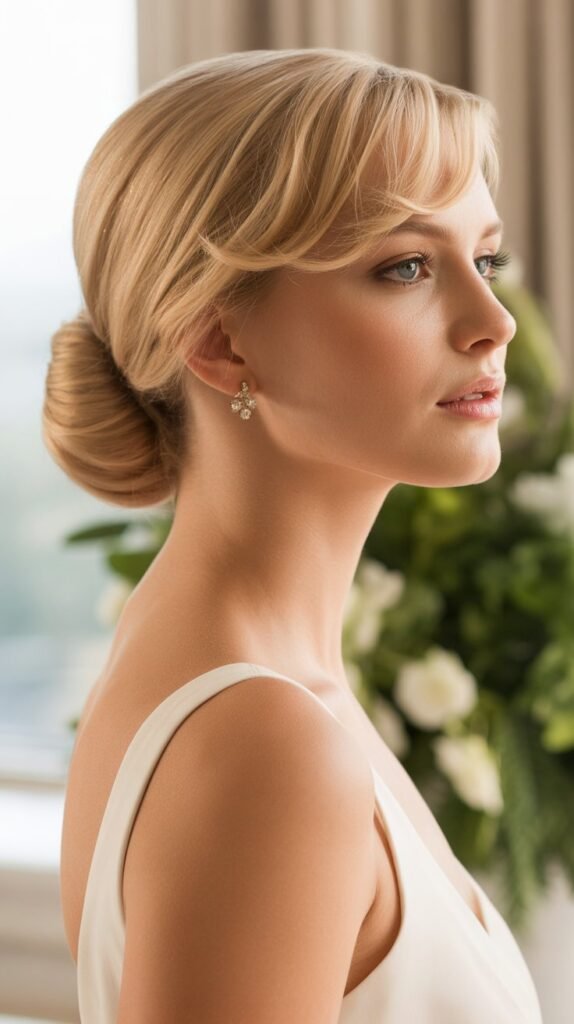 1. Classic Low Chignon with Swept Bangs