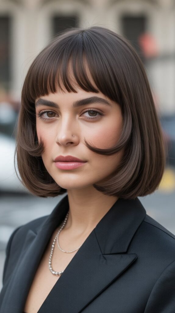 12. Sleek Long Bob with Arched Bangs