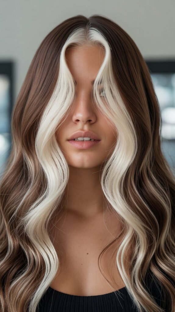 9. Chocolate Balayage with Platinum Blonde Money Pieces