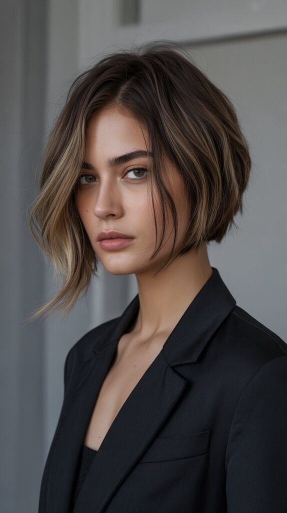3. Asymmetrical Choppy Bob with Curtain Bangs