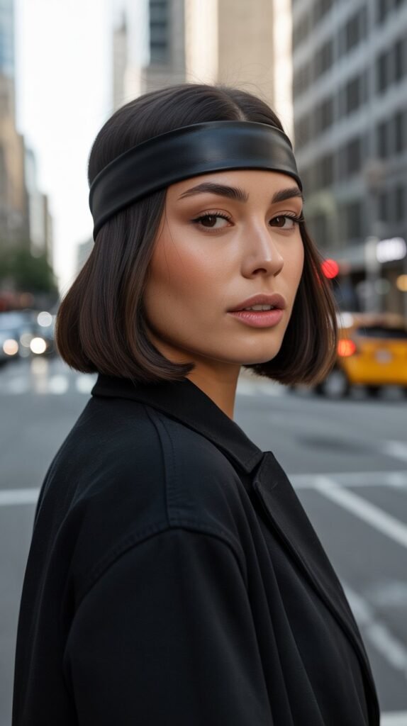  Pin-Straight Bob with Thick Leather Headband