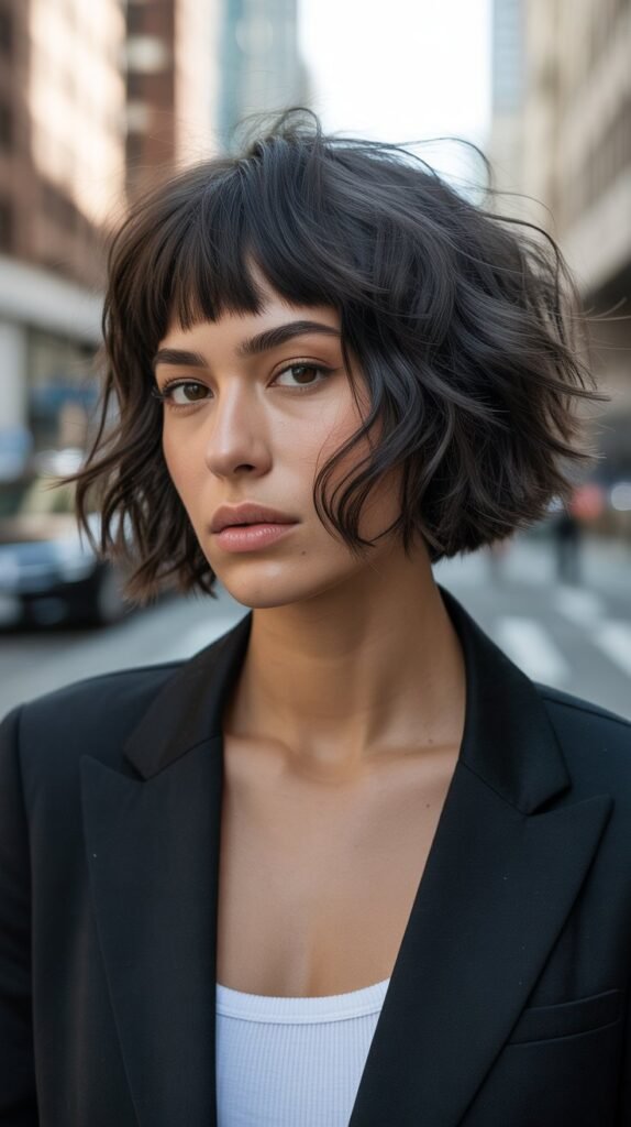 2. Textured Shaggy Bob with Blunt Bangs