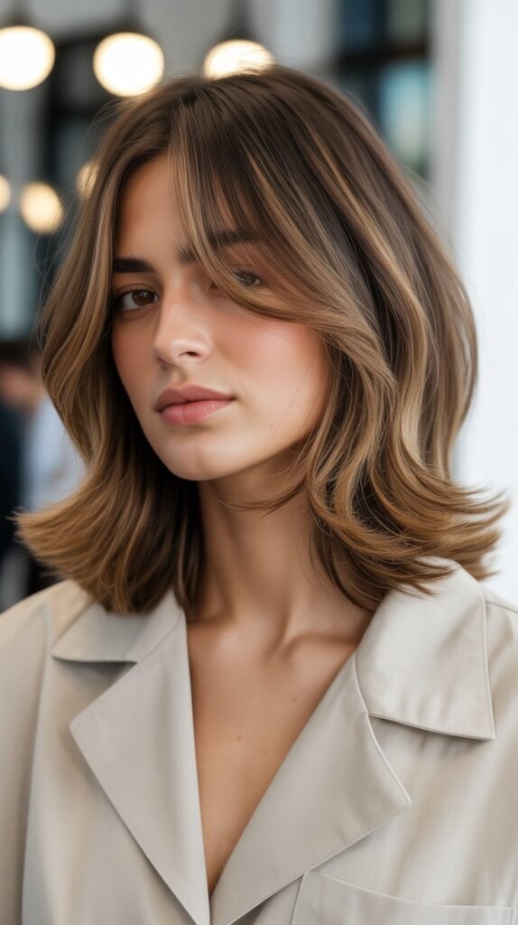 3. Layered Long Bob with Curtain Bangs