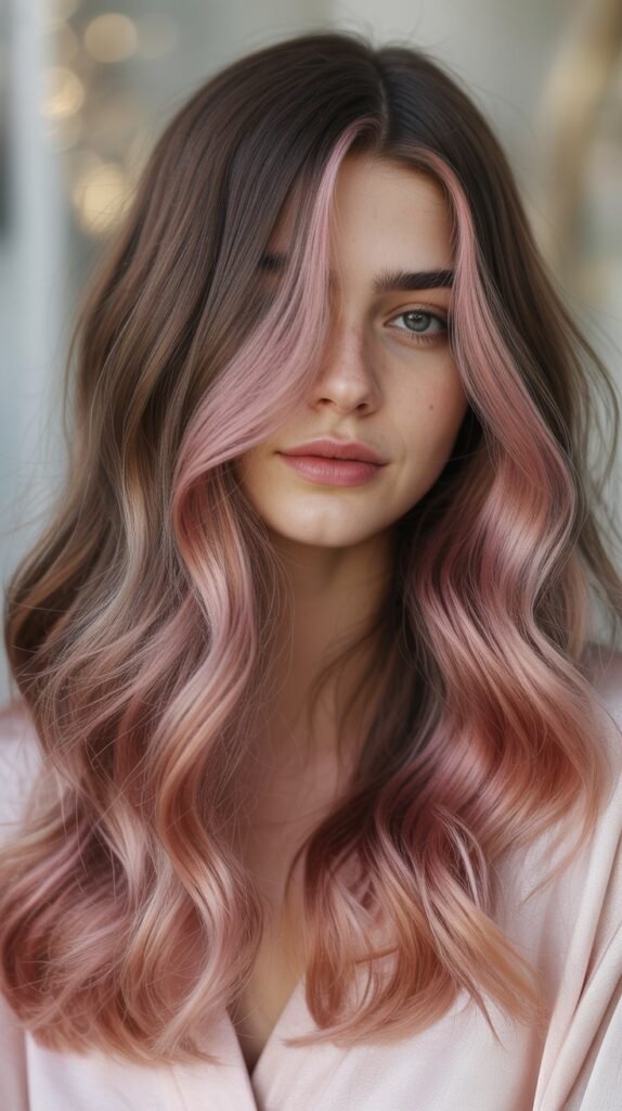 10. Chocolate Balayage with Rose Gold Accents