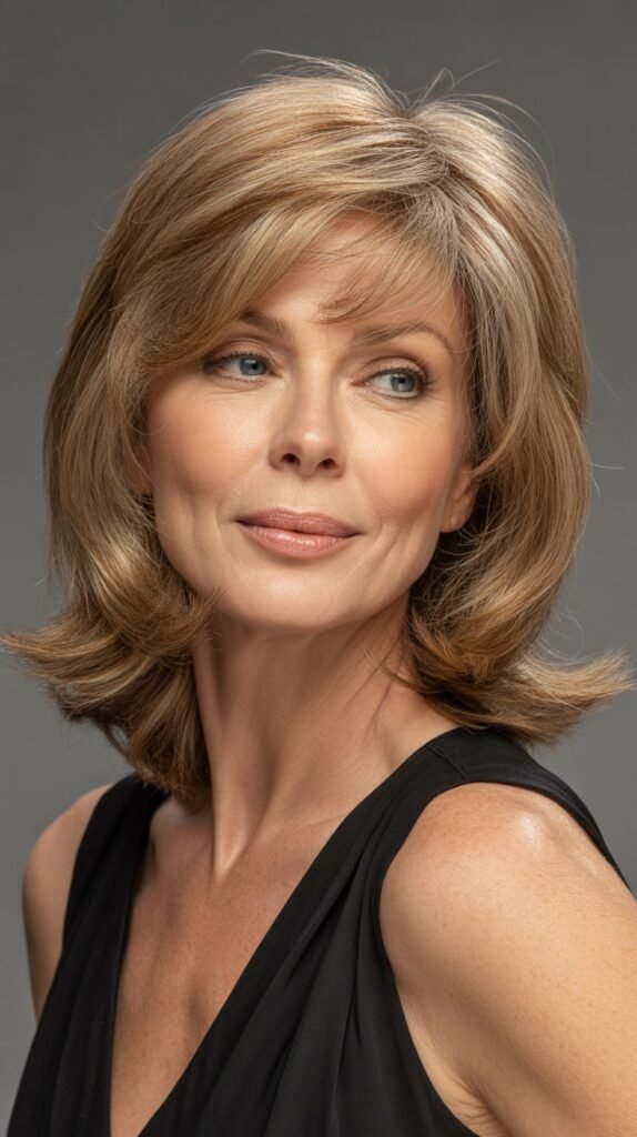 7. Feathered Midi with Side-Swept Bangs