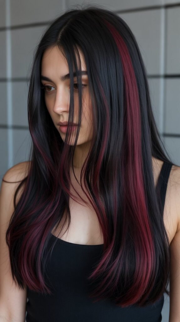 4. Burgundy Highlights on Black Hair