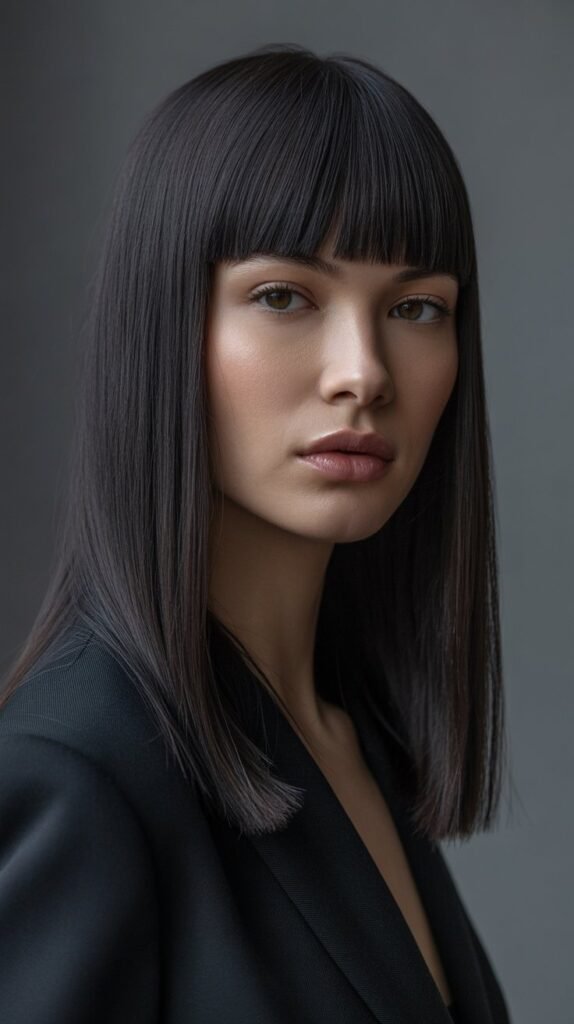 7. Sleek Long Bob with Blunt Bangs