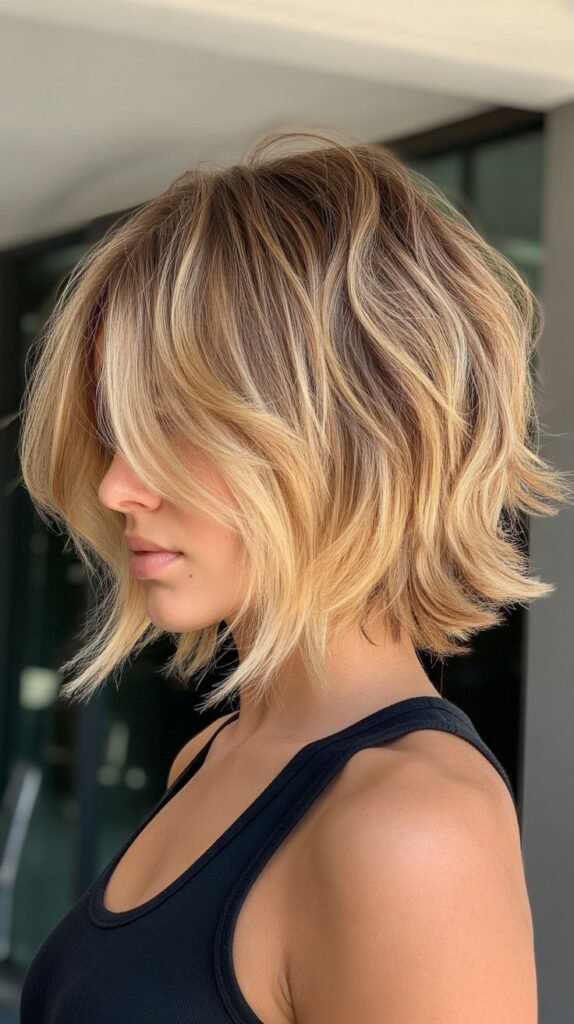 10. Honey Blonde Shaggy Bob with Root Shadow